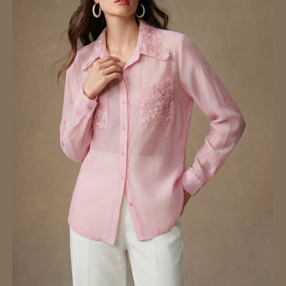 Pink Sheer Organza Lace Applique Collar Long Sleeve Button Up Blouse